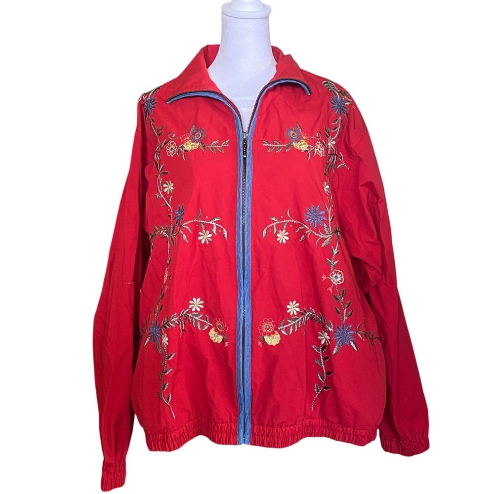 Vintage 1990s Floral Embroidered Red‎ Zip Jacket Large Folk Art Heritage Scandi